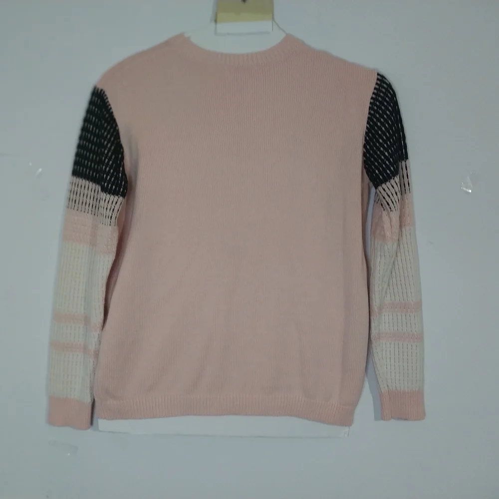 KOITMY Color Block Sweater Women's Pink Crew Neck Knit Pullover Long Sleeve Size